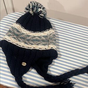 Knit Earflap Hat with Pom-Pom - Navy and White